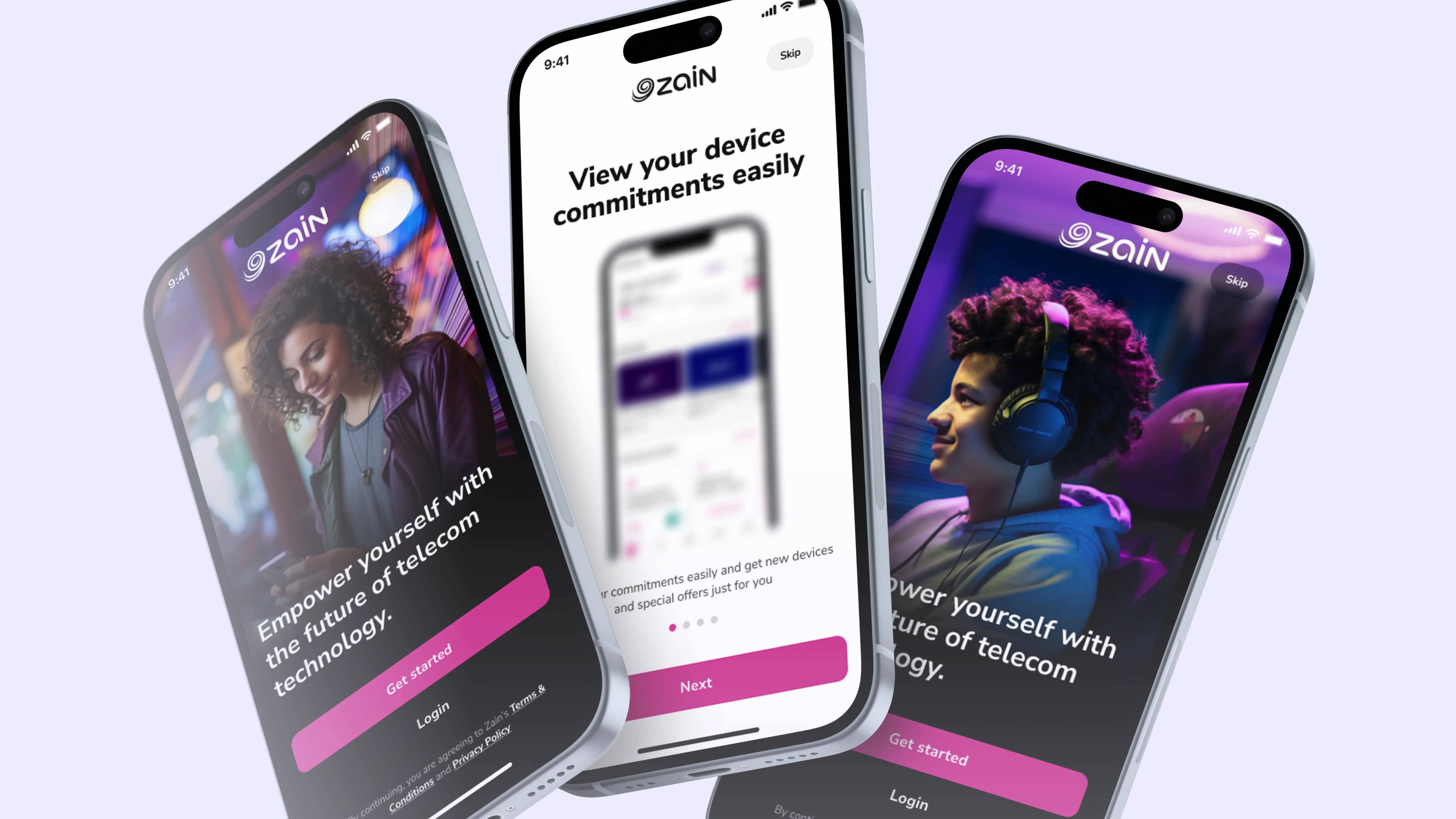 Three iPhones showing the welcome and onboarding screens of the Zain app, in a modern purple and pink design.